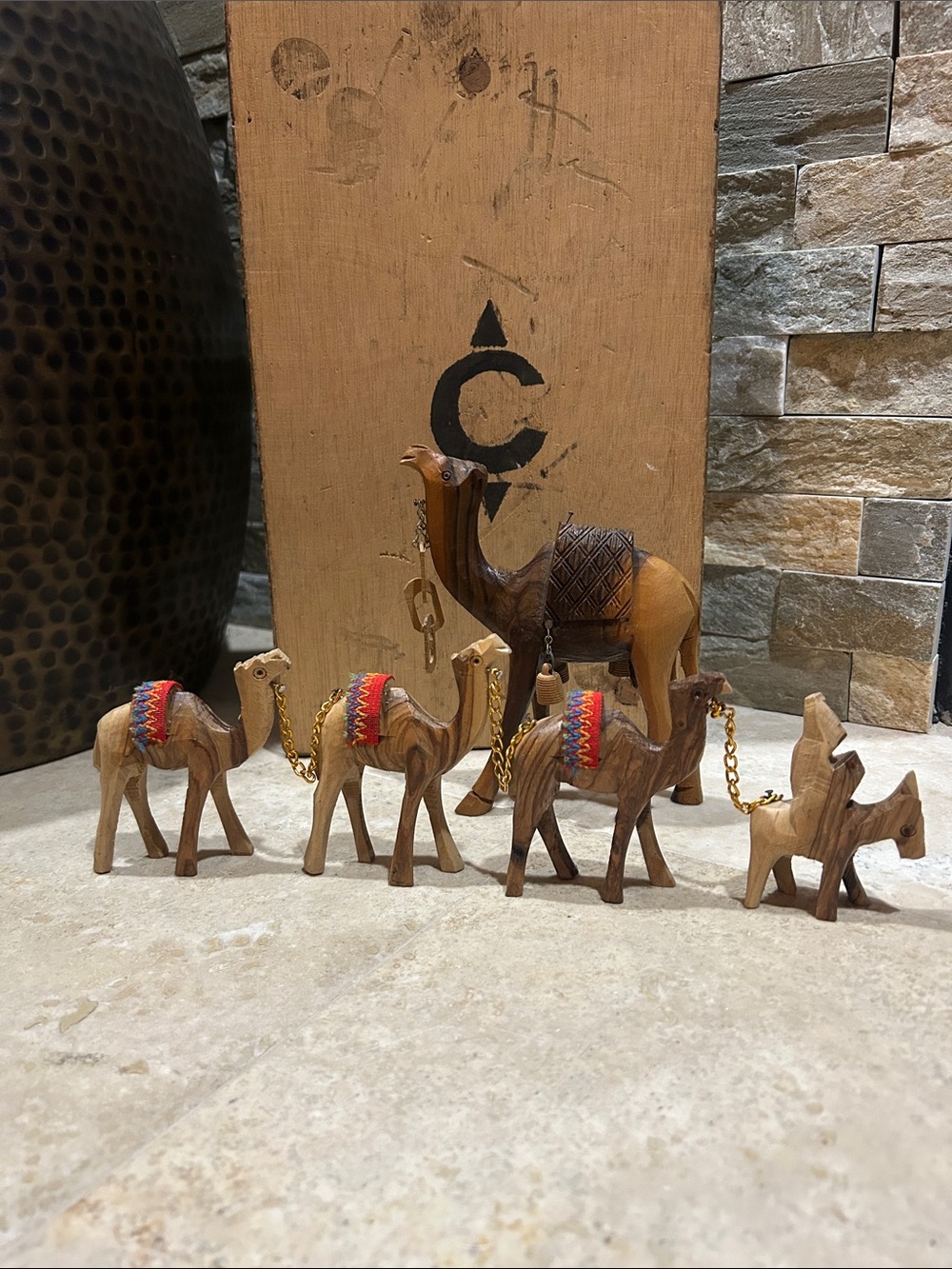5 Vintage hand-carved Holy Land olive wood camel figurines
